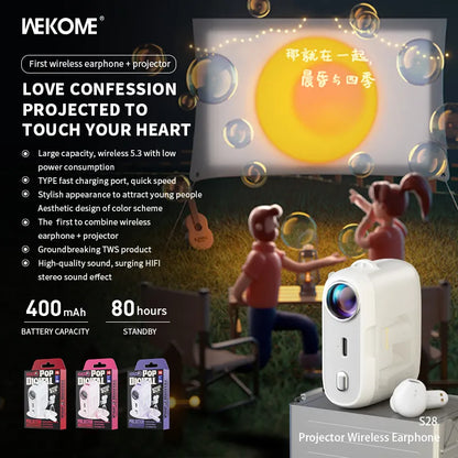 WEKOME S28 Pop skaitmeninė serija – belaidės „Bluetooth V5.3 TWS“ ausinės su įkrovimo dėklu su projektoriaus funkcija (baltos)