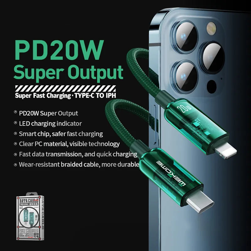 WEKOME WDC-181 Vanguard serija – USB-C į Lightning itin greito įkrovimo PD 20W jungiamasis kabelis 1m (žalias)