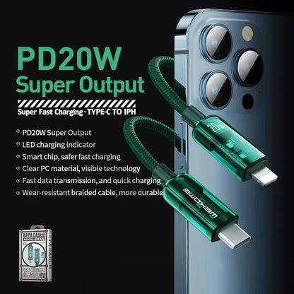 WEKOME WDC-181 Vanguard serija – USB-C į Lightning itin greito įkrovimo PD 20W jungiamasis kabelis 1m (žalias)