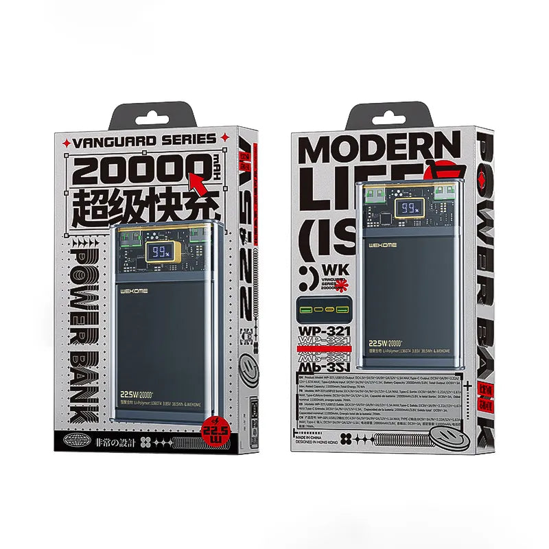 WEKOME WP-321 Vanguard serija – Power bank 20000 mAh Itin greitas įkrovimas PD 20W + QC 22.5W (Juoda / Permatoma)