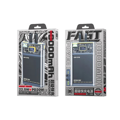 WEKOME WP-323 Vanguard serija - Ypatingai greito įkrovimo maitinimo blokas 10000 mAh su integruotais USB-C ir Lightning kabeliais PD 20W + QC 22.5W (Juoda / Skaidri)
