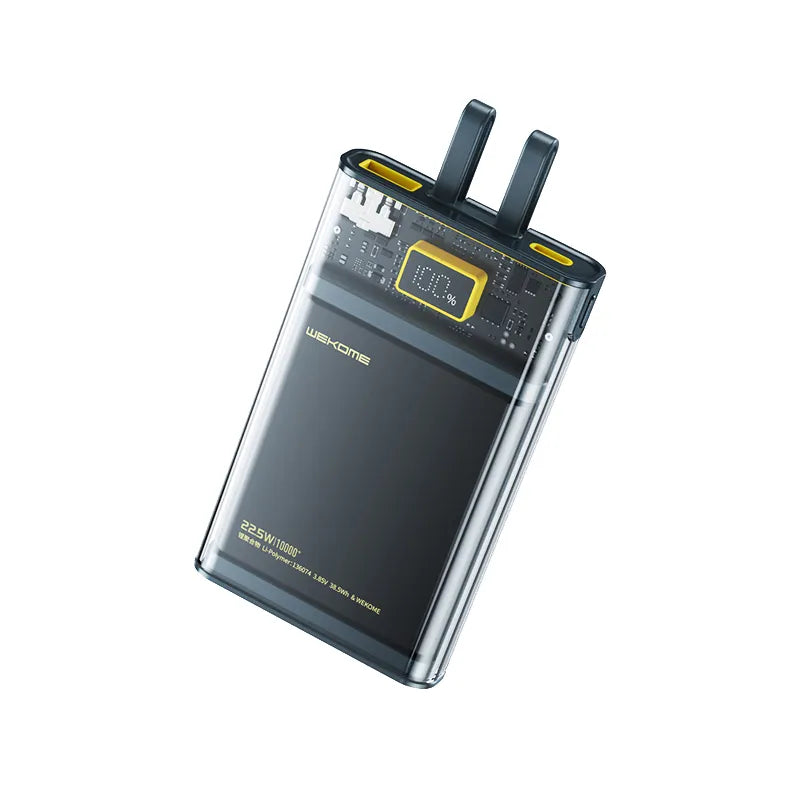 WEKOME WP-323 Vanguard serija - Ypatingai greito įkrovimo maitinimo blokas 10000 mAh su integruotais USB-C ir Lightning kabeliais PD 20W + QC 22.5W (Juoda / Skaidri)