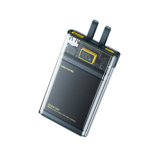 WEKOME WP-323 Vanguard serija - Ypatingai greito įkrovimo maitinimo blokas 10000 mAh su integruotais USB-C ir Lightning kabeliais PD 20W + QC 22.5W (Juoda / Skaidri)