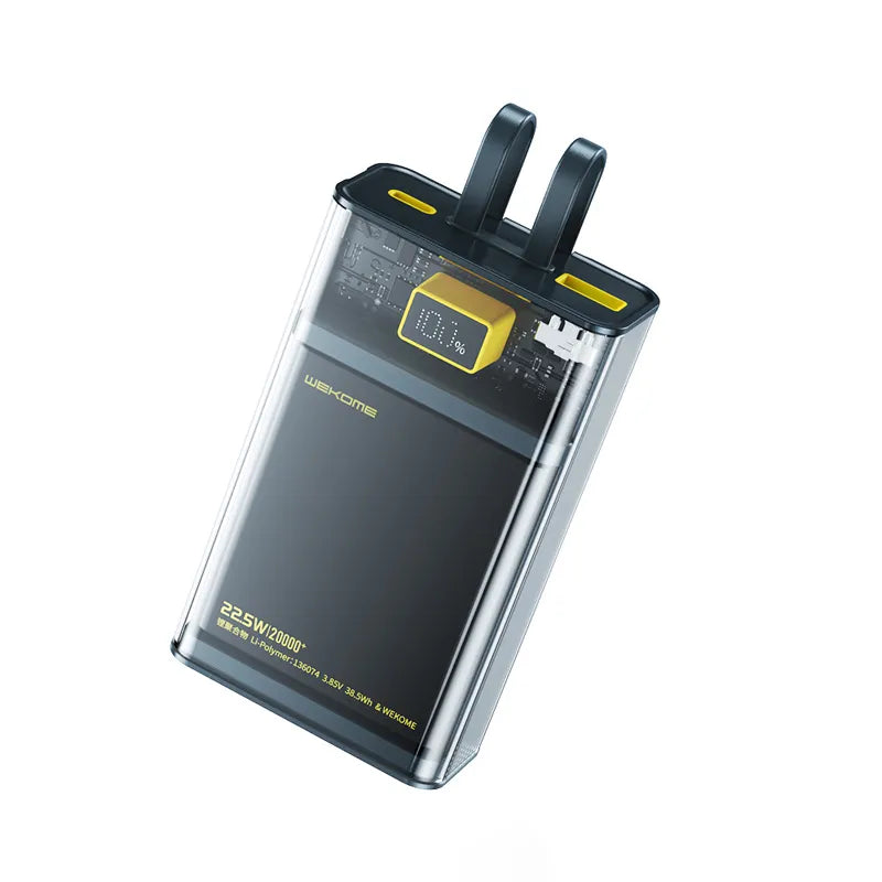 WEKOME WP-325 Vanguard Series – Maitinimo blokas 20000 mAh Super Charging su įmontuotu USB-C ir Lightning PD 20W laidu + QC 22.5W (juoda / permatoma)