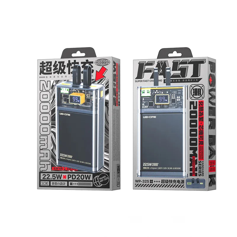 WEKOME WP-325 Vanguard Series – Maitinimo blokas 20000 mAh Super Charging su įmontuotu USB-C ir Lightning PD 20W laidu + QC 22.5W (juoda / permatoma)