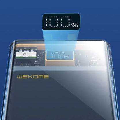 WEKOME WP-325 Vanguard Series – Maitinimo blokas 20000 mAh Super Charging su įmontuotu USB-C ir Lightning PD 20W laidu + QC 22.5W (juoda / permatoma)