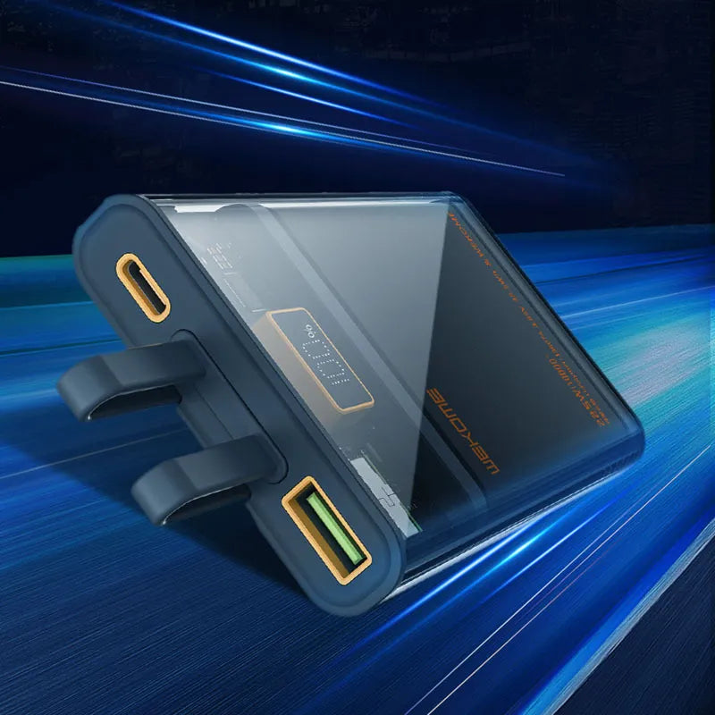 WEKOME WP-325 Vanguard Series – Maitinimo blokas 20000 mAh Super Charging su įmontuotu USB-C ir Lightning PD 20W laidu + QC 22.5W (juoda / permatoma)