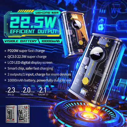 WEKOME WP-333 Vanguard Series - Nešiojamasis įkroviklis (power bank) 10000 mAh Super Charging PD 20W + QC 22.5W (juoda / permatoma)