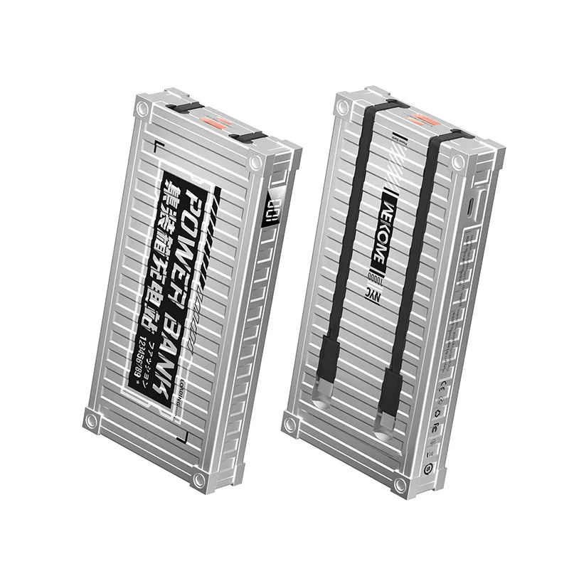 WEKOME WP-339 Container Series – Išorinė baterija 10000 mAh Super Charging su integruotu USB-C & Lightning PD 20W laidu + QC 22.5W (sidabrinė)