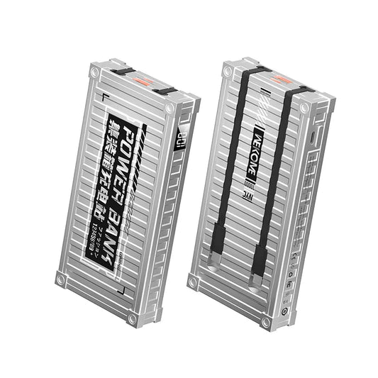 WEKOME WP-339 Container Series – Išorinė baterija 10000 mAh Super Charging su integruotu USB-C & Lightning PD 20W laidu + QC 22.5W (sidabrinė)