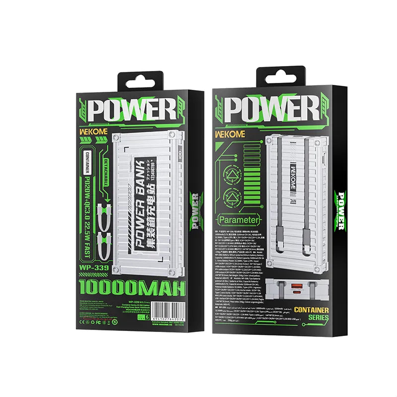 WEKOME WP-339 Container Series – Išorinė baterija 10000 mAh Super Charging su integruotu USB-C & Lightning PD 20W laidu + QC 22.5W (sidabrinė)