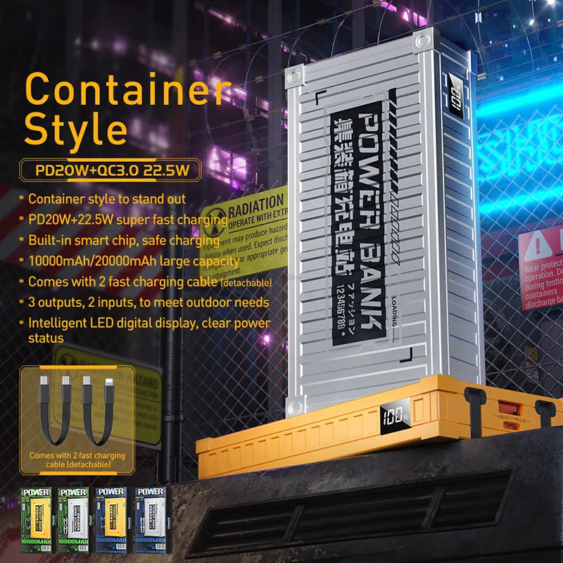WEKOME WP-339 Container Series – Išorinė baterija 10000 mAh Super Charging su integruotu USB-C & Lightning PD 20W laidu + QC 22.5W (sidabrinė)