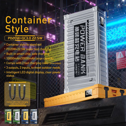 WEKOME WP-339 Container Series – Išorinė baterija 10000 mAh Super Charging su integruotu USB-C & Lightning PD 20W laidu + QC 22.5W (sidabrinė)