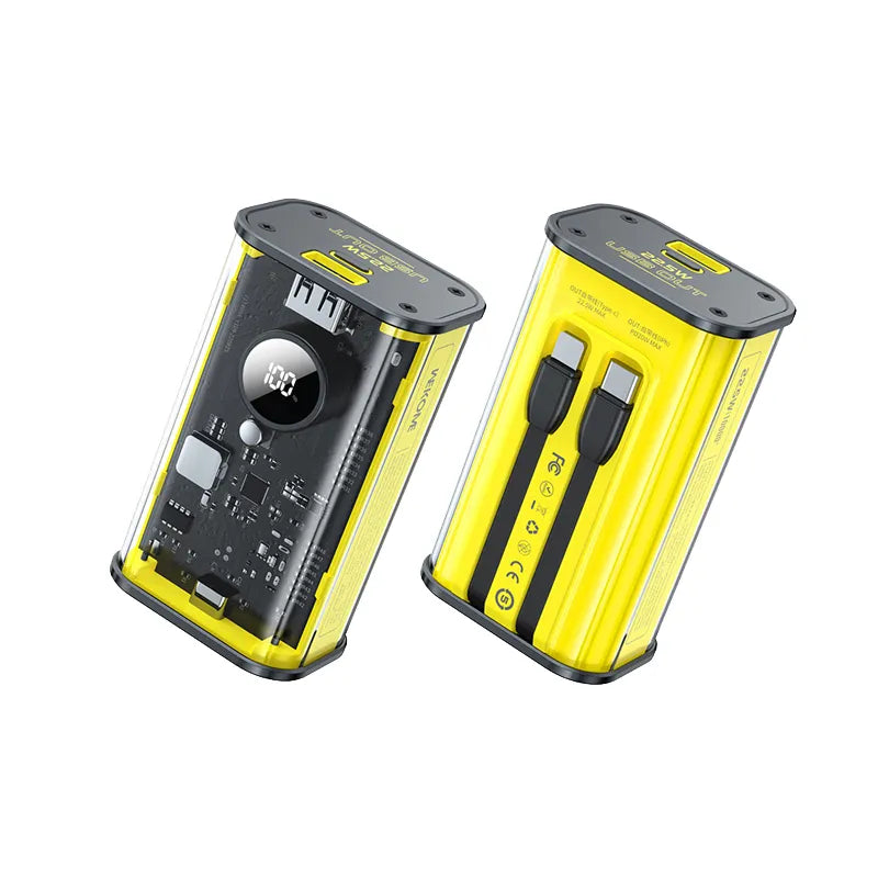 WEKOME WP-345 Vanguard Series - 10000 mAh greito įkrovimo maitinimo blokas su įmontuotais USB-C ir Lightning PD 20W laidais + QC 22.5W (geltonas)