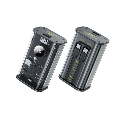 WEKOME WP-345 Vanguard Series – nešiojama baterija 10000 mAh greitasis įkrovimas su įmontuotu USB-C ir Lightning PD 20W kabeliu + QC 22.5W (juoda)