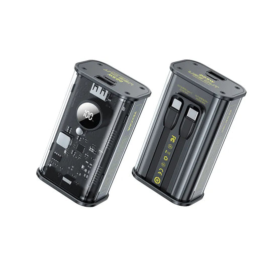 WEKOME WP-345 Vanguard Series – nešiojama baterija 10000 mAh greitasis įkrovimas su įmontuotu USB-C ir Lightning PD 20W kabeliu + QC 22.5W (juoda)