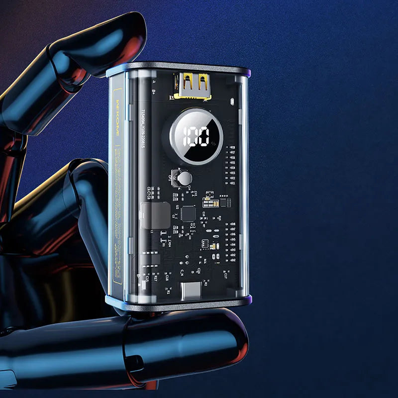 WEKOME WP-345 Vanguard Series – nešiojama baterija 10000 mAh greitasis įkrovimas su įmontuotu USB-C ir Lightning PD 20W kabeliu + QC 22.5W (juoda)