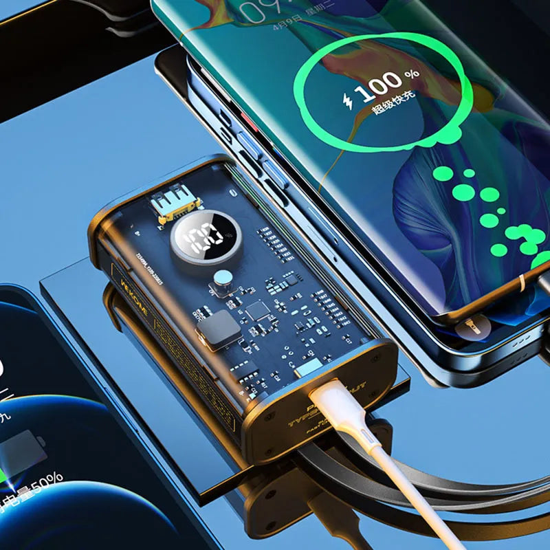 WEKOME WP-345 Vanguard Series – nešiojama baterija 10000 mAh greitasis įkrovimas su įmontuotu USB-C ir Lightning PD 20W kabeliu + QC 22.5W (juoda)