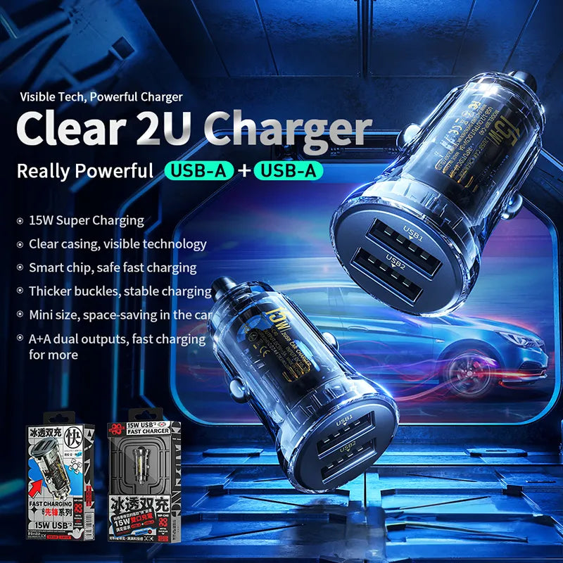 WEKOME WP-C40 Vanguard serija – Automobilinis įkroviklis 2 x USB Greitas įkrovimas 15W (Juoda / Skaidri)