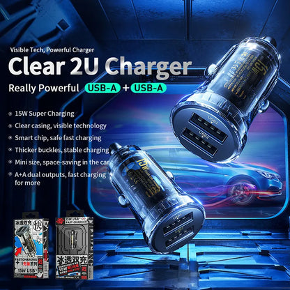 WEKOME WP-C40 Vanguard serija – Automobilinis įkroviklis 2 x USB Greitas įkrovimas 15W (Juoda / Skaidri)