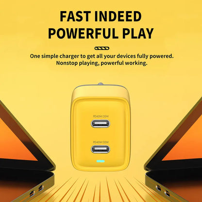 WEKOME WP-U128 – 2x USB-C „Super Fast Charge GaN“ 40W tinklo įkroviklis (geltonas)