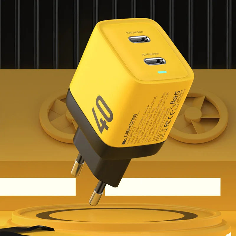 WEKOME WP-U128 – 2x USB-C „Super Fast Charge GaN“ 40W tinklo įkroviklis (geltonas)