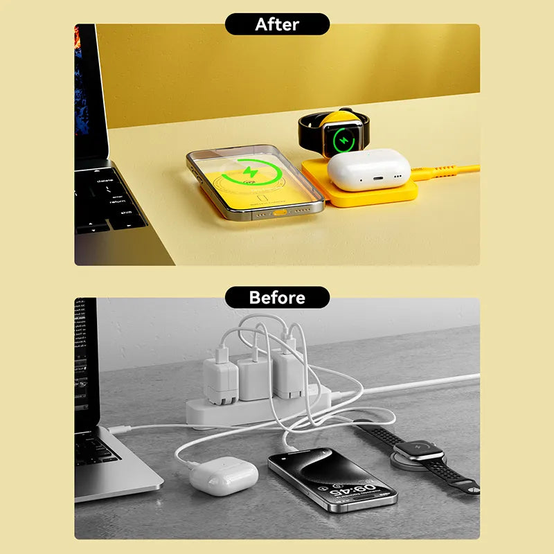 WEKOME WP-U172 – belaidis 3-in-1 įkroviklis su "MagSafe" sistemai skirta "iPhone", "Apple Watch" ir "AirPods", su veidrodžiu (geltonas)