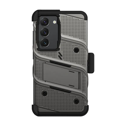 ZIZO BOLT serija – šarvuotas dėklas Samsung Galaxy S23 su 9H stiklu ekranui + laikiklis su stovu (pilka)