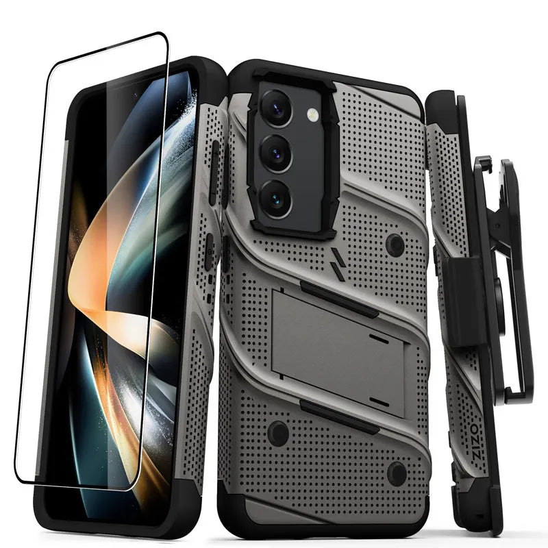 ZIZO BOLT serija – šarvuotas dėklas Samsung Galaxy S23 su 9H stiklu ekranui + laikiklis su stovu (pilka)