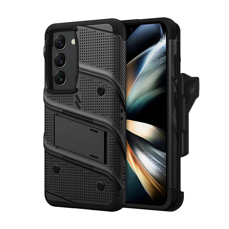 ZIZO BOLT serija – šarvuotas dėklas skirtas Samsung Galaxy S23 su 9H stiklu ekranui + laikiklis su stovu (juodas)