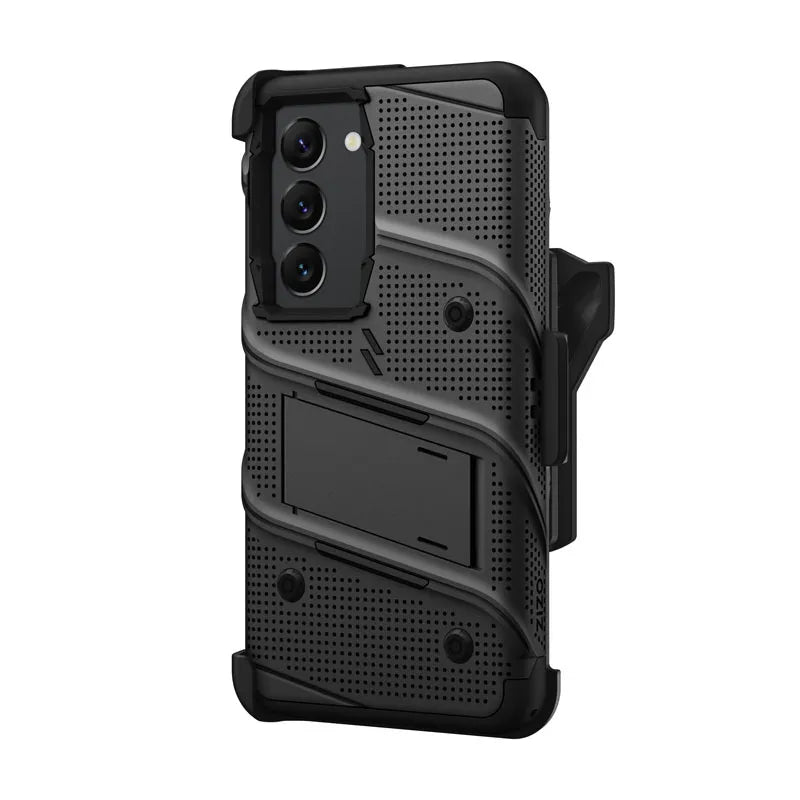 ZIZO BOLT serija – šarvuotas dėklas skirtas Samsung Galaxy S23 su 9H stiklu ekranui + laikiklis su stovu (juodas)