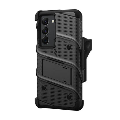 ZIZO BOLT serija – šarvuotas dėklas skirtas Samsung Galaxy S23 su 9H stiklu ekranui + laikiklis su stovu (juodas)