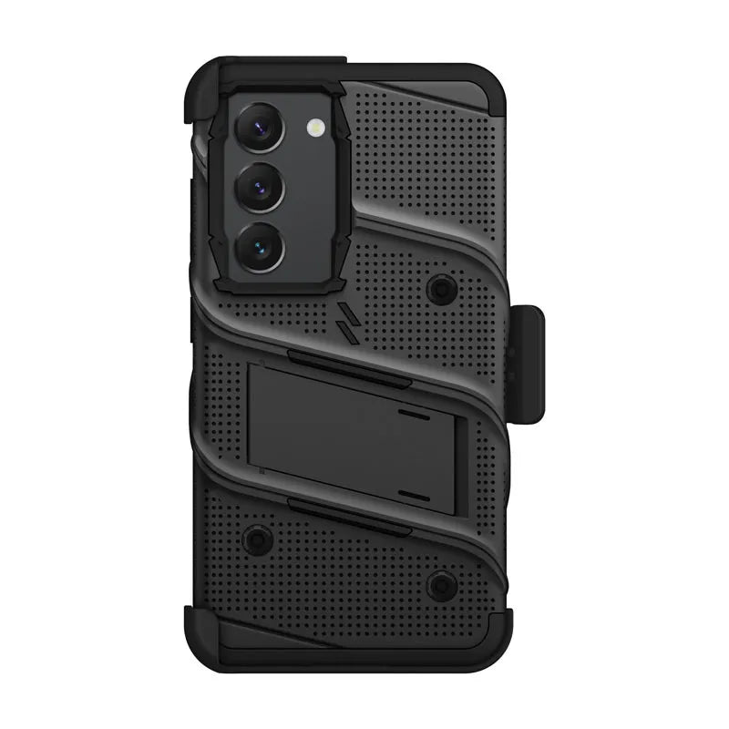 ZIZO BOLT serija – šarvuotas dėklas skirtas Samsung Galaxy S23 su 9H stiklu ekranui + laikiklis su stovu (juodas)