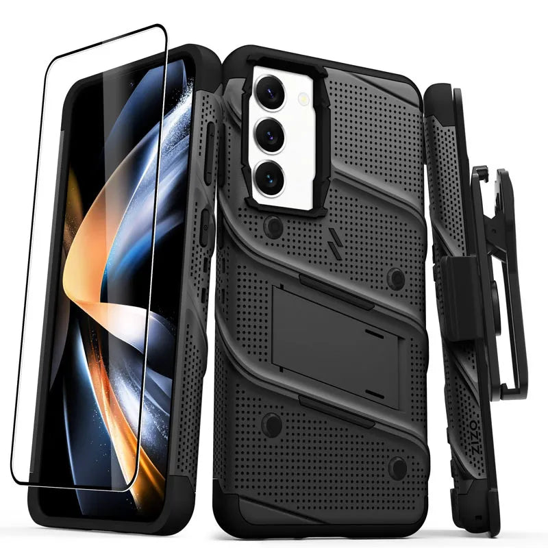 ZIZO BOLT serija – šarvuotas dėklas, skirtas Samsung Galaxy S23+ su 9H stiklu ekranui + laikiklis su stovu (juodas)