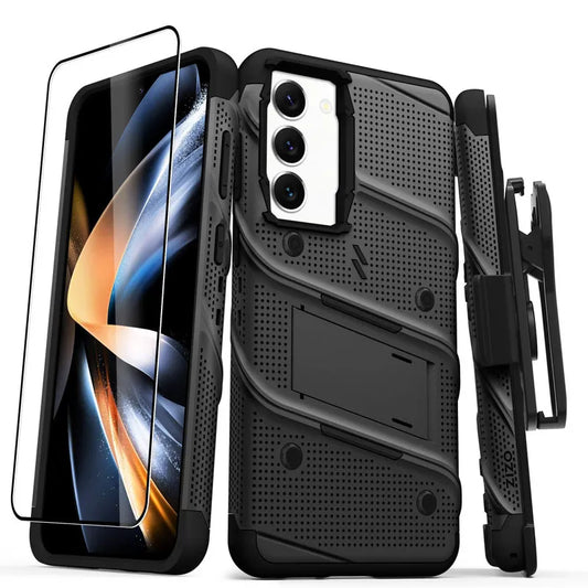 ZIZO BOLT serija – šarvuotas dėklas, skirtas Samsung Galaxy S23+ su 9H stiklu ekranui + laikiklis su stovu (juodas)