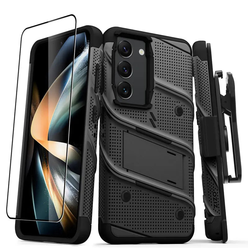 ZIZO BOLT serija – šarvuotas dėklas skirtas Samsung Galaxy S23 su 9H stiklu ekranui + laikiklis su stovu (juodas)