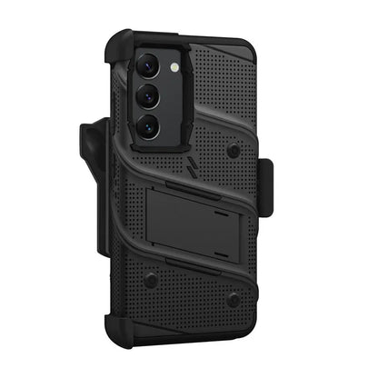 ZIZO BOLT serija – šarvuotas dėklas skirtas Samsung Galaxy S23 su 9H stiklu ekranui + laikiklis su stovu (juodas)