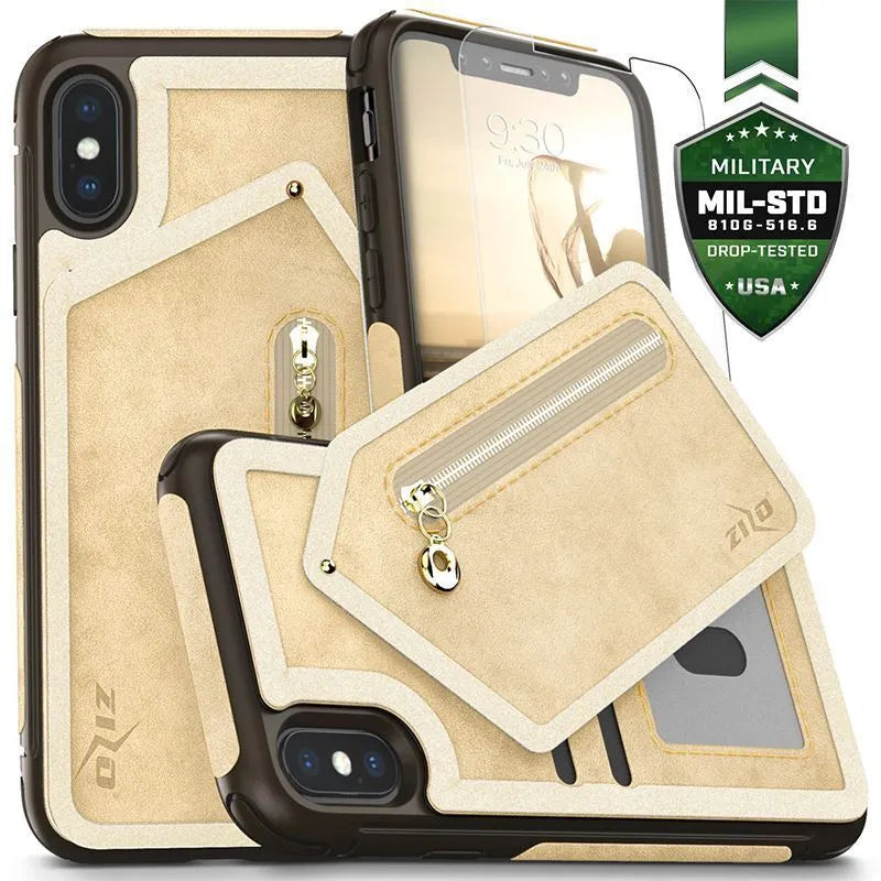 Zizo Nebula piniginės dėklas - piniginės nugarėlė ir užtrauktuko krepšelis su grūdinto stiklo ekrano apsauga iPhone X (rusvos/rudas)