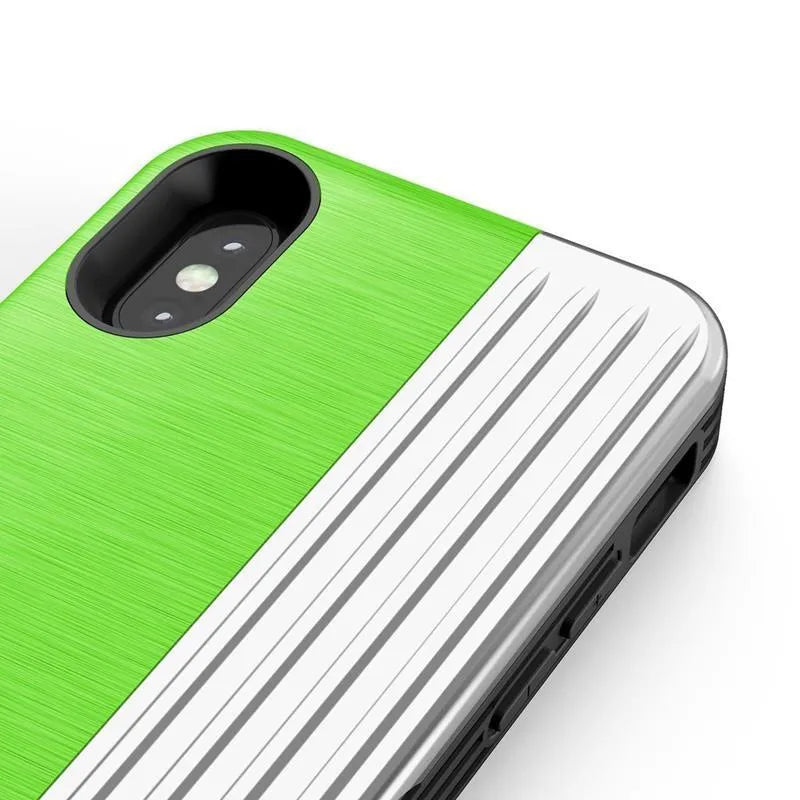 Zizo Retro serija – dėklas su pinigine, magnetiniu uždarymu ir integruota atrama, skirta „iPhone Xs“ / „X“ (Neoninė žalia / Sidabrinė)