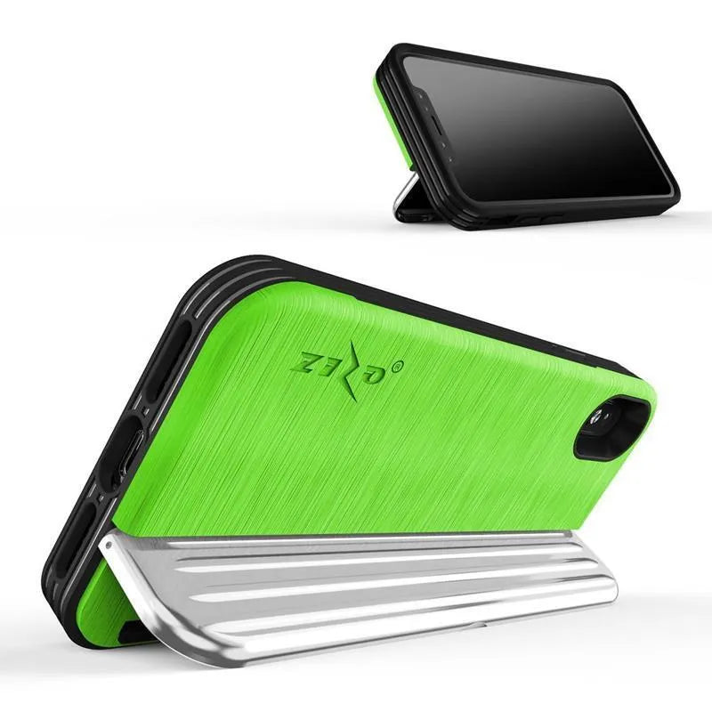 Zizo Retro serija – dėklas su pinigine, magnetiniu uždarymu ir integruota atrama, skirta „iPhone Xs“ / „X“ (Neoninė žalia / Sidabrinė)