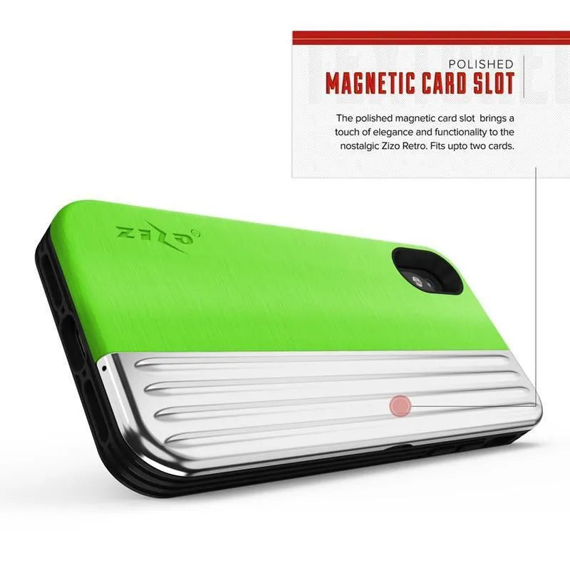 Zizo Retro serija – dėklas su pinigine, magnetiniu uždarymu ir integruota atrama, skirta „iPhone Xs“ / „X“ (Neoninė žalia / Sidabrinė)
