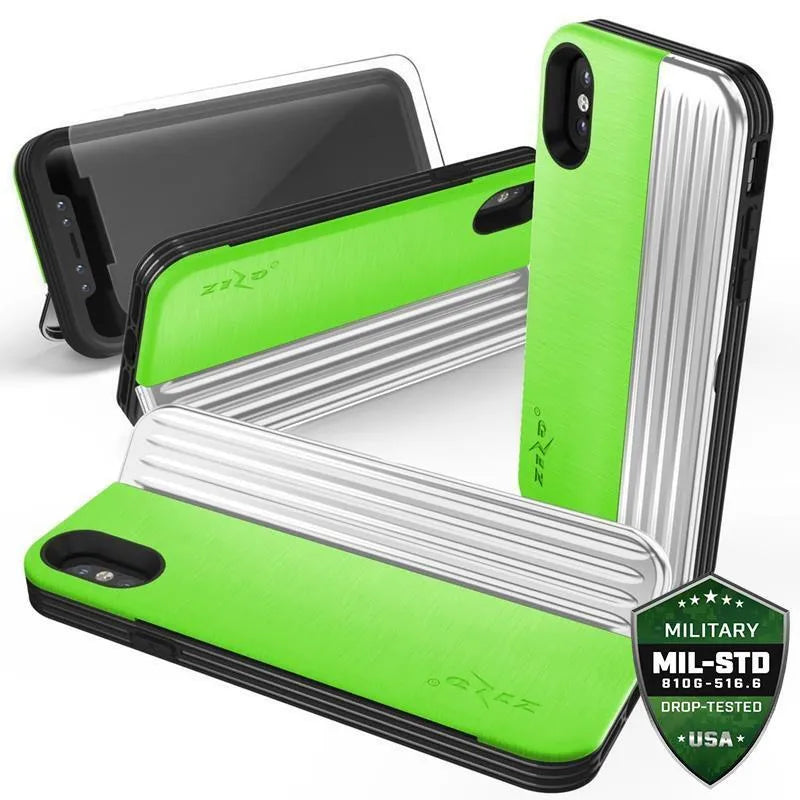 Zizo Retro serija – dėklas su pinigine, magnetiniu uždarymu ir integruota atrama, skirta „iPhone Xs“ / „X“ (Neoninė žalia / Sidabrinė)