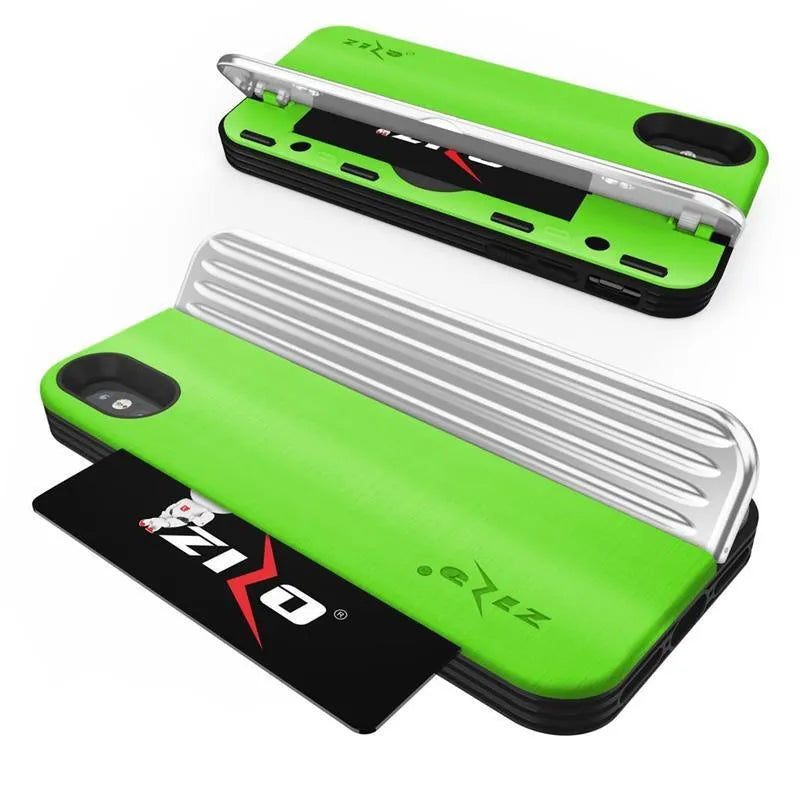 Zizo Retro serija – dėklas su pinigine, magnetiniu uždarymu ir integruota atrama, skirta „iPhone Xs“ / „X“ (Neoninė žalia / Sidabrinė)