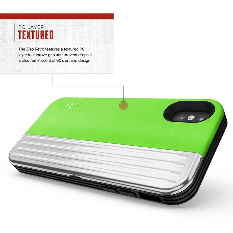 Zizo Retro serija – dėklas su pinigine, magnetiniu uždarymu ir integruota atrama, skirta „iPhone Xs“ / „X“ (Neoninė žalia / Sidabrinė)