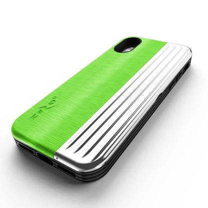 Zizo Retro serija – dėklas su pinigine, magnetiniu uždarymu ir integruota atrama, skirta „iPhone Xs“ / „X“ (Neoninė žalia / Sidabrinė)