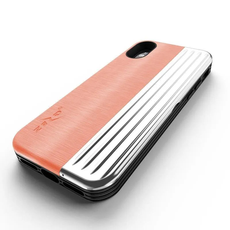 Zizo Retro serija – piniginės nugarėlė su magnetiniu užsegimu ir integruotu stovu, skirta iPhone Xs / X (persikų/sidabro spalvos)