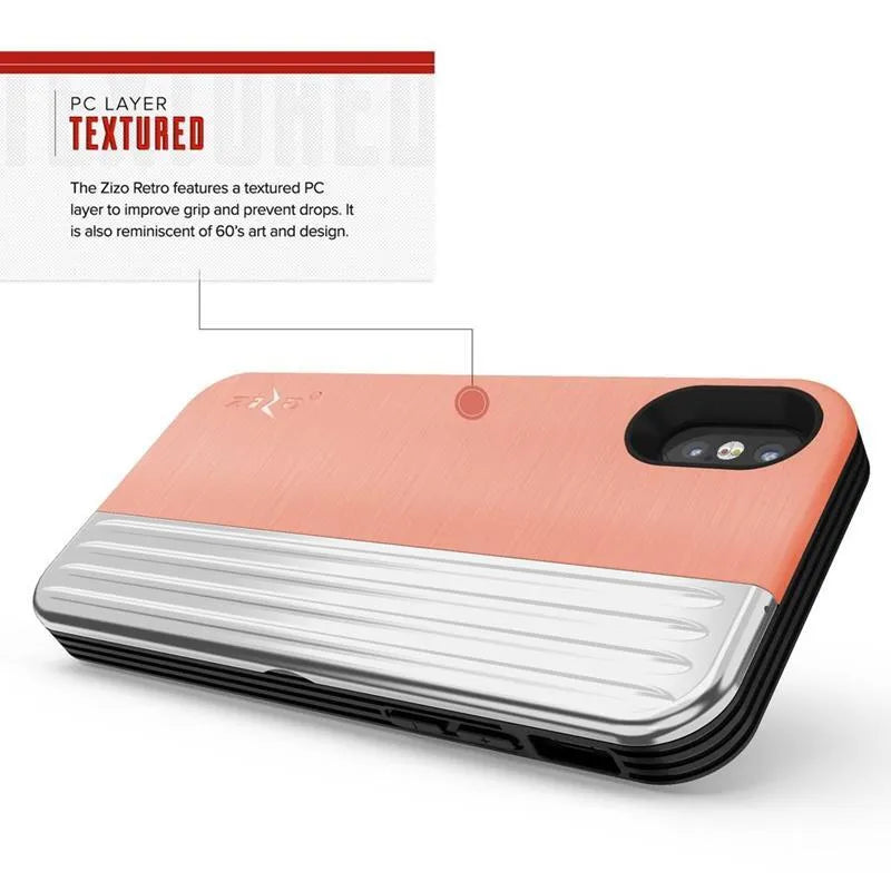 Zizo Retro serija – piniginės nugarėlė su magnetiniu užsegimu ir integruotu stovu, skirta iPhone Xs / X (persikų/sidabro spalvos)