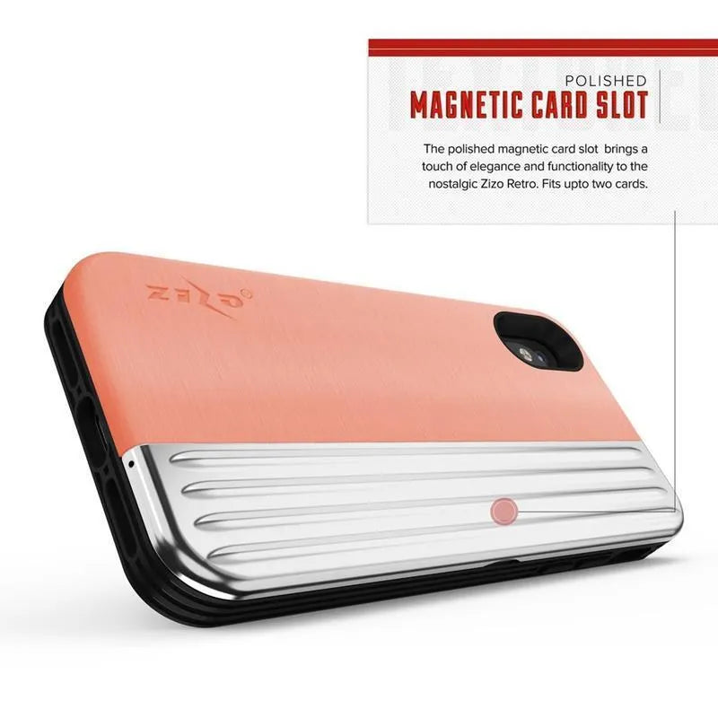 Zizo Retro serija – piniginės nugarėlė su magnetiniu užsegimu ir integruotu stovu, skirta iPhone Xs / X (persikų/sidabro spalvos)