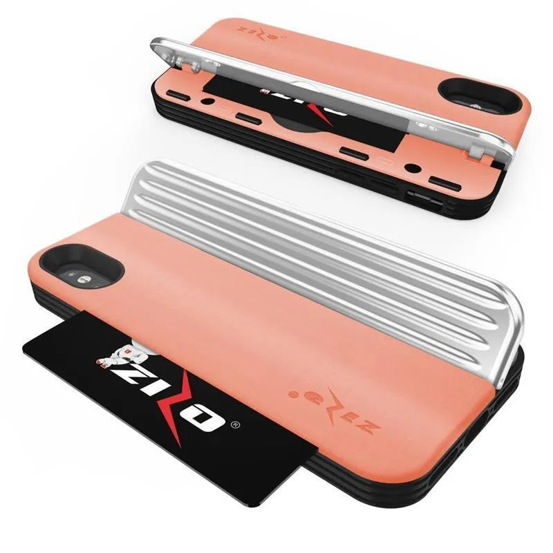 Zizo Retro serija – piniginės nugarėlė su magnetiniu užsegimu ir integruotu stovu, skirta iPhone Xs / X (persikų/sidabro spalvos)
