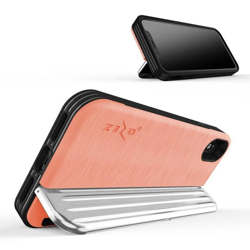 Zizo Retro serija – piniginės nugarėlė su magnetiniu užsegimu ir integruotu stovu, skirta iPhone Xs / X (persikų/sidabro spalvos)